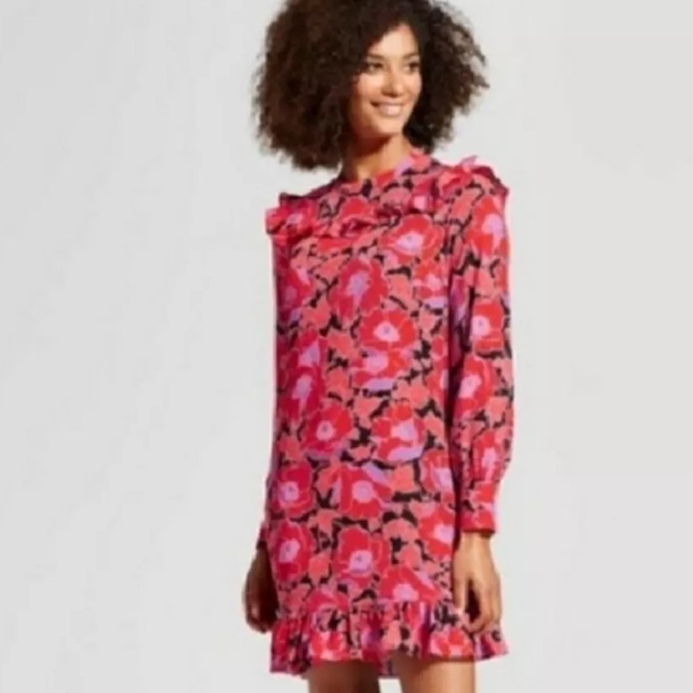 Springtime Red Floral Who What Wear Ruffle Button Dress Size Medium NWT
